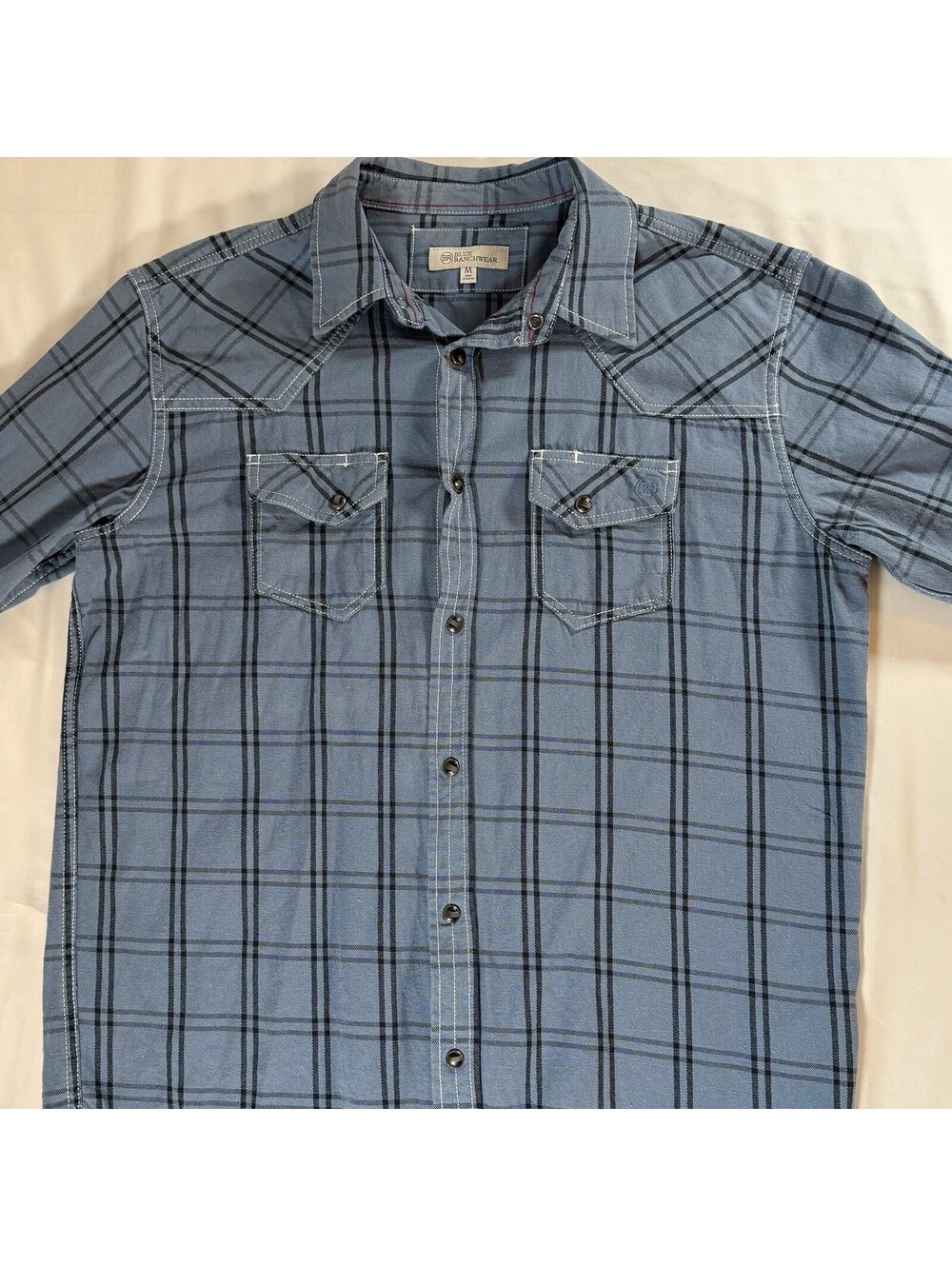 BR Blue Ranchwear Western Shirt Mens M Blue Cotton Long Sleeve Pearl Snap